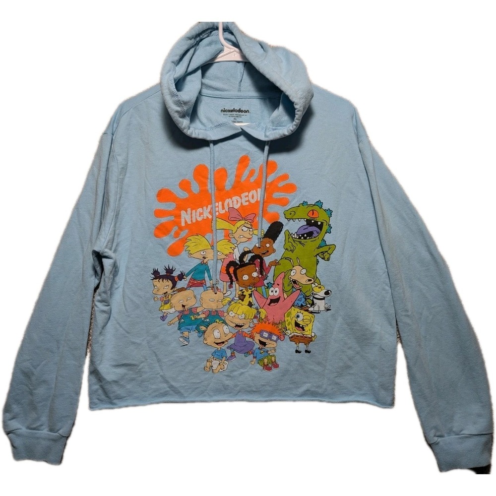 Nickelodeon Blue Cut Off Hoodie Sweatshirt Sz XL Rugrats Spongebob Hey Arnold‎